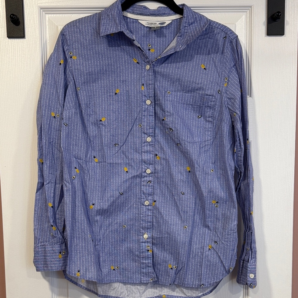 Old Navy Blue Button Down Shirt with Pineapples and Avocados